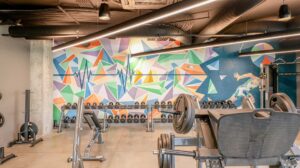 Apartment community fitness center with weights