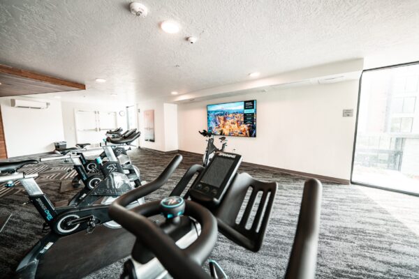 Exercise bikes facing a TV