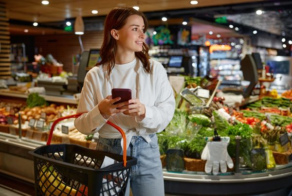 Woman in a white shirt and jeans smiles while holding a smartphone in a supermarket produce section, with a large shopping basket in front of her.